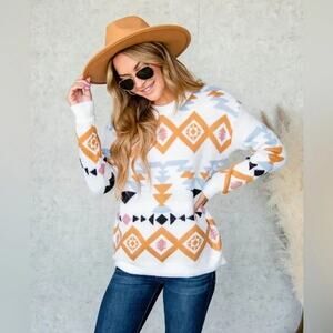 BOHME Audrey Aztec Southwestern Pattern Crewneck Sweater Size S Soft & Cozy